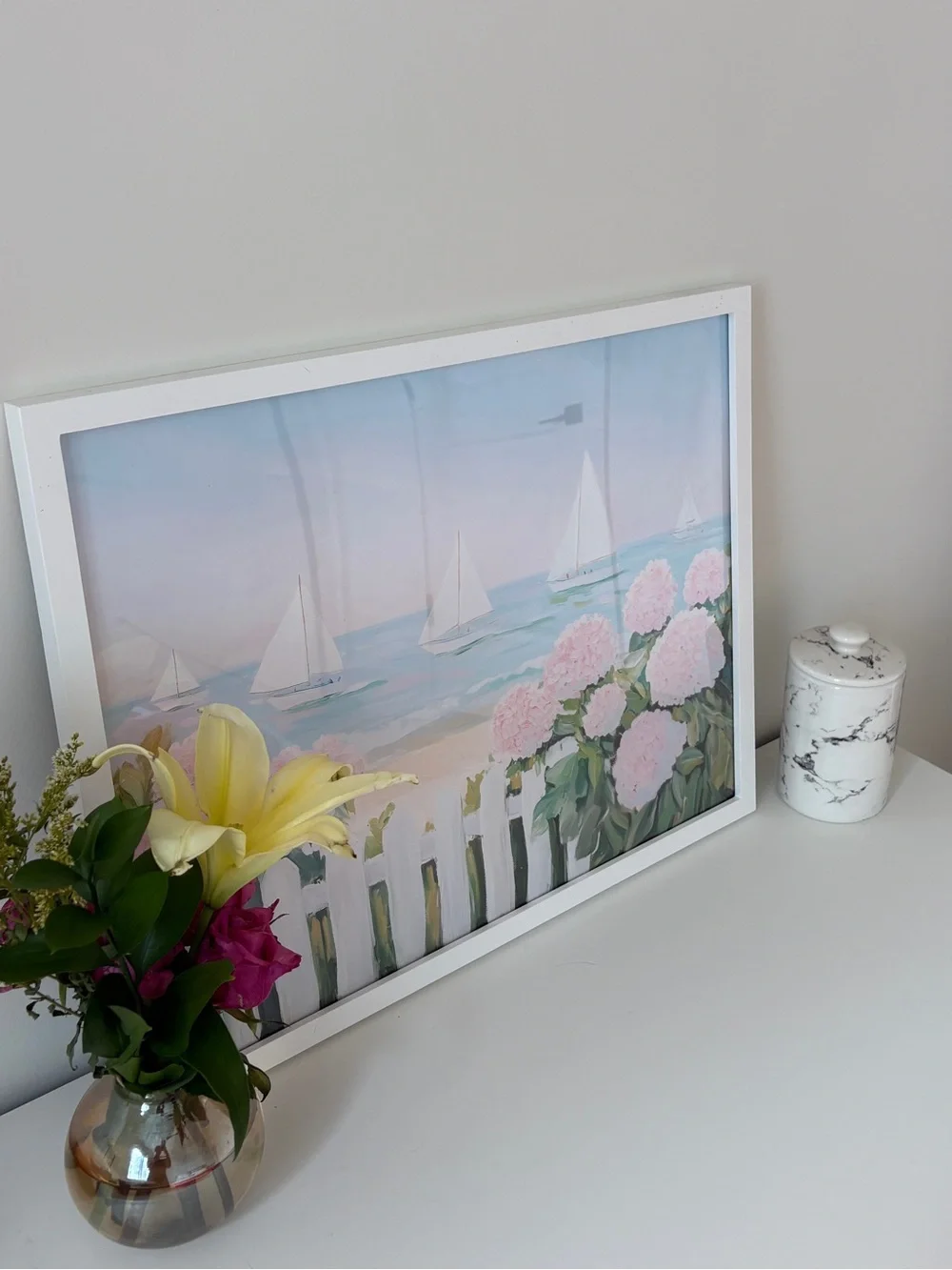 Coastal Hydrangea Sailboat Framed Art - Pink & Blue